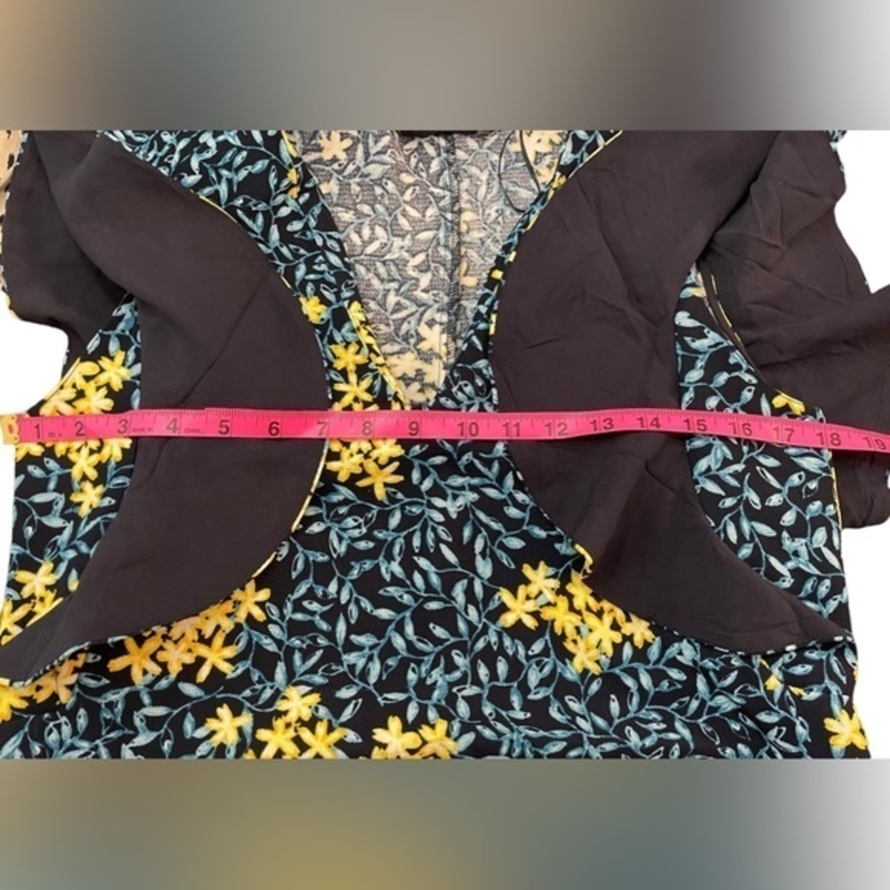 Zara Womens‎ Blue Yellow Crepe Floral Vneck Ruffle Cap Sleeve Mini Dress Medium - Picture 4 of 5